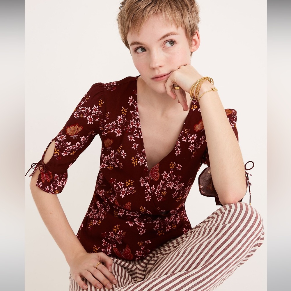 Madewell Tie-Sleeve Wrap Top in Butterfly Sanctuary